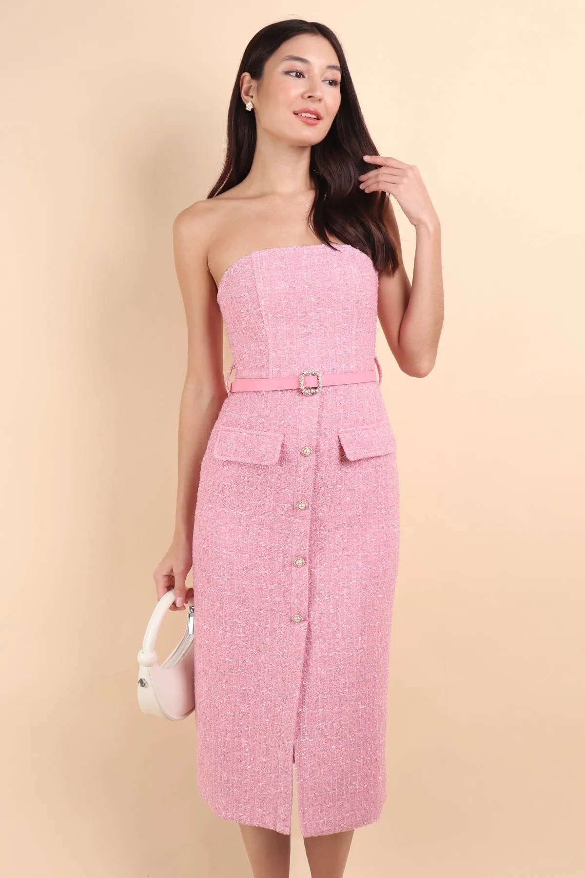 FLORET TWEED BELTED TUBE MIDI IN ROSE
