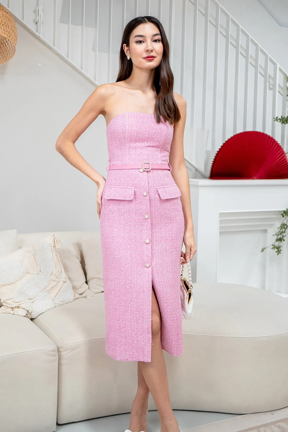 FLORET TWEED BELTED TUBE MIDI IN ROSE