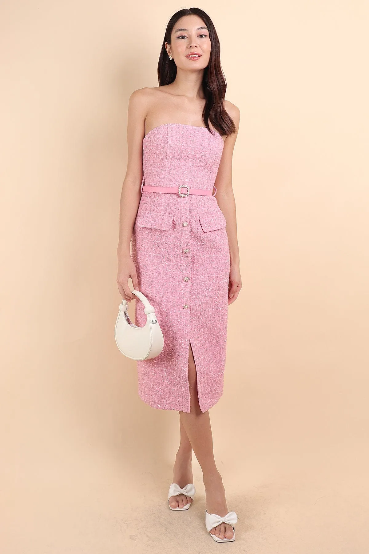 FLORET TWEED BELTED TUBE MIDI IN ROSE