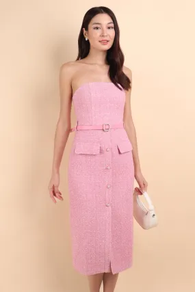 FLORET TWEED BELTED TUBE MIDI IN ROSE