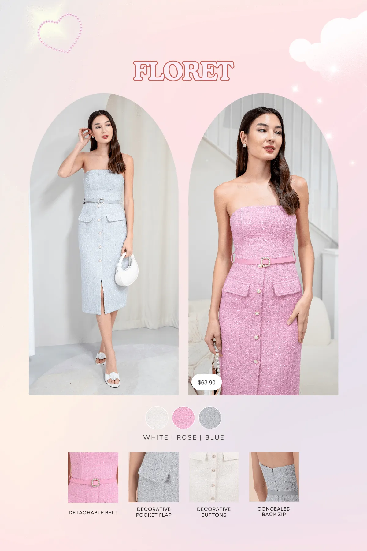 FLORET TWEED BELTED TUBE MIDI IN WHITE