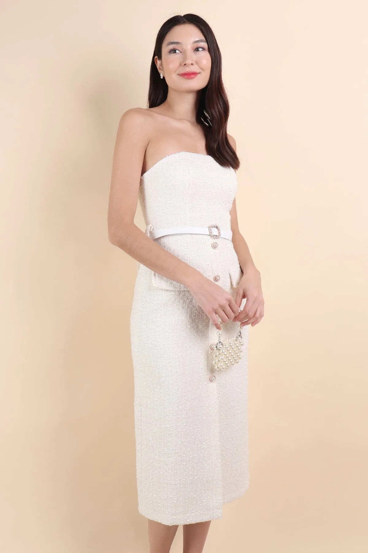 FLORET TWEED BELTED TUBE MIDI IN WHITE