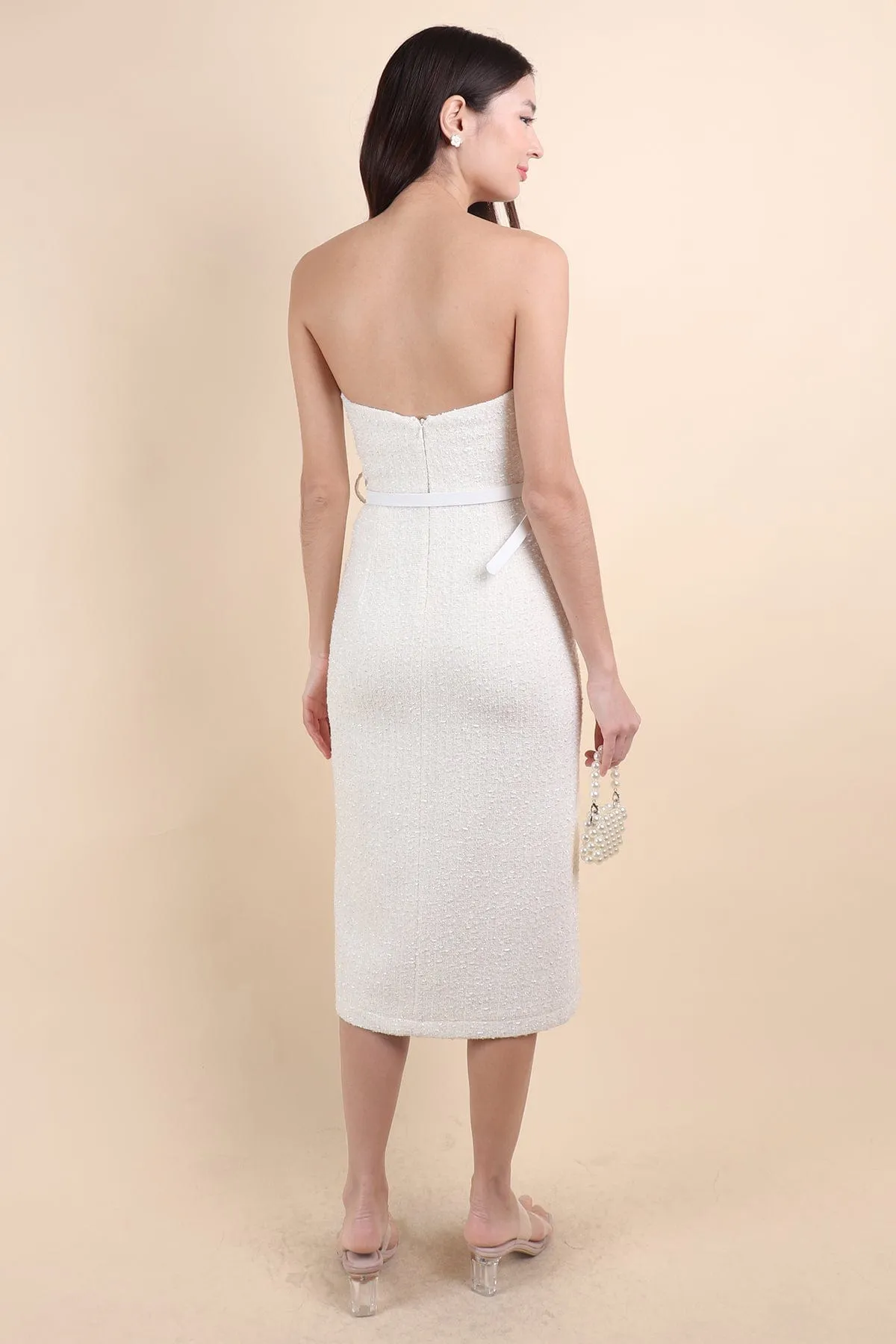 FLORET TWEED BELTED TUBE MIDI IN WHITE