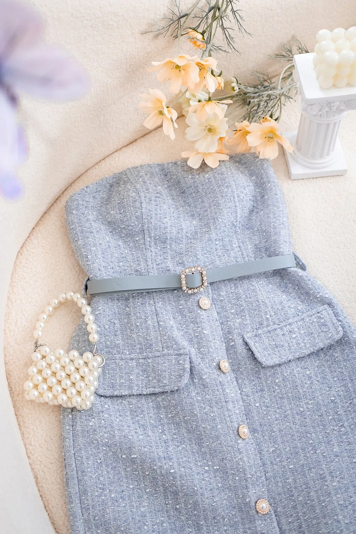 FLORET TWEED BELTED TUBE MIDI IN WHITE