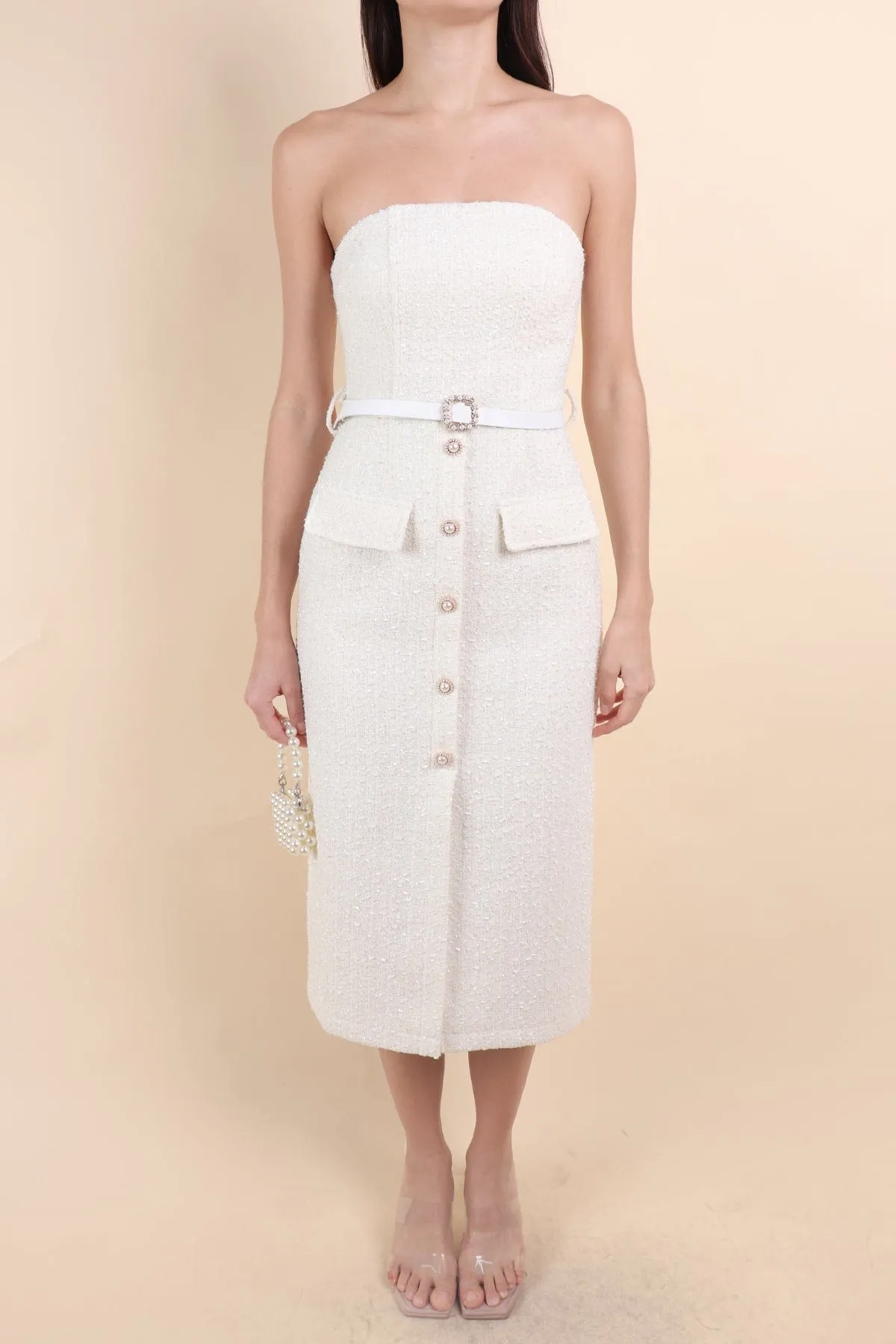 FLORET TWEED BELTED TUBE MIDI IN WHITE