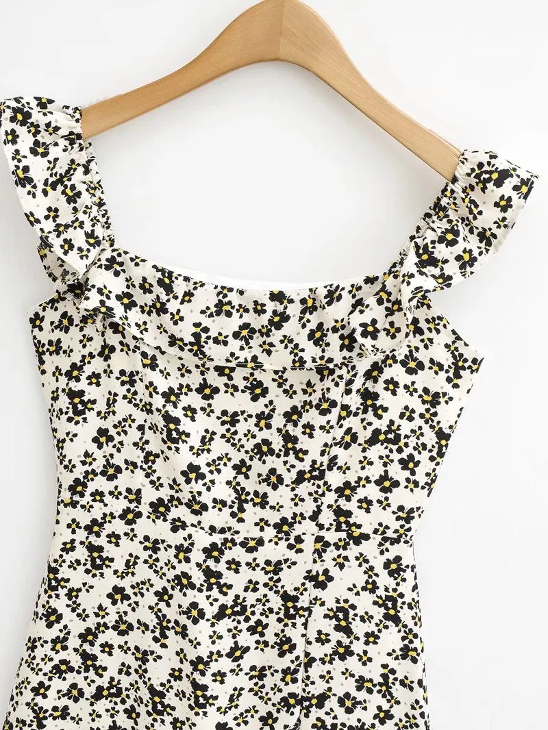 French Style Vintage Square Neck Floral Ruffle Slip Midi Casual Dress