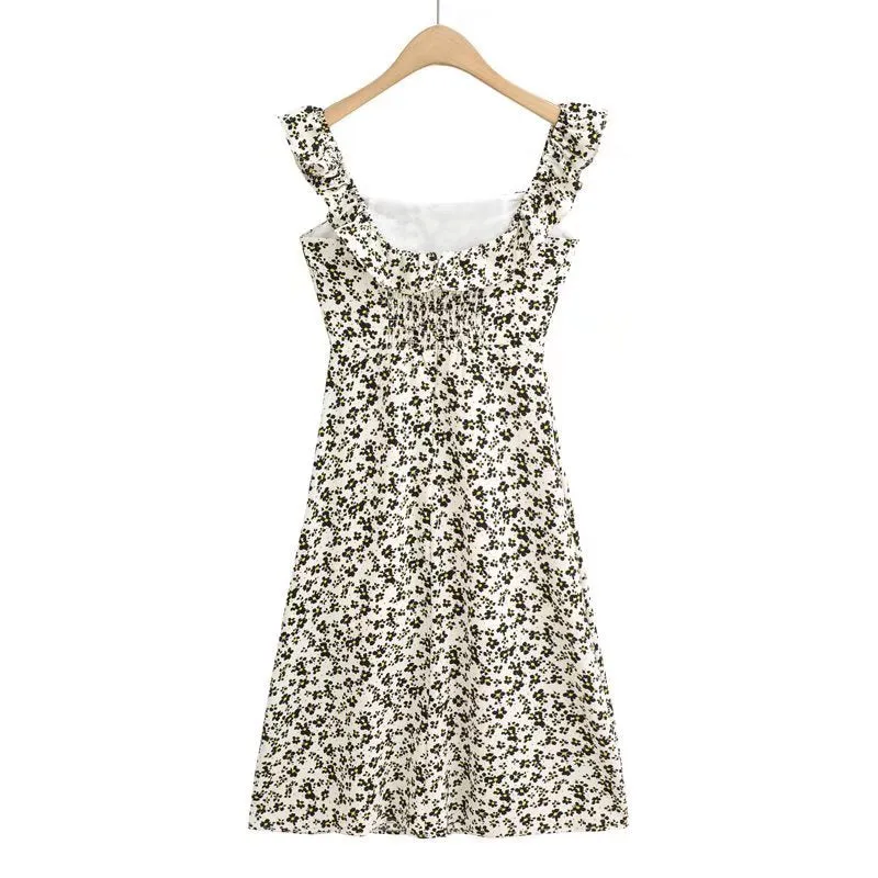 French Style Vintage Square Neck Floral Ruffle Slip Midi Casual Dress