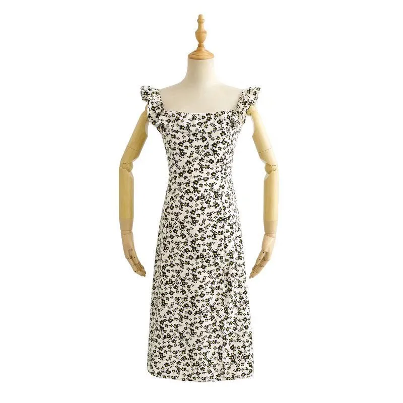 French Style Vintage Square Neck Floral Ruffle Slip Midi Casual Dress