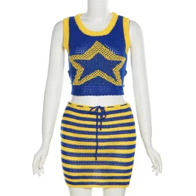 Knitted Patchwork Two Piece Set Women Hipstet Backless Lace-Up Vest and Bandage Hip Skirt Matching Summer 2023 Streetwear