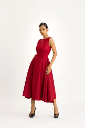 RED SATIN MIDI DRESS