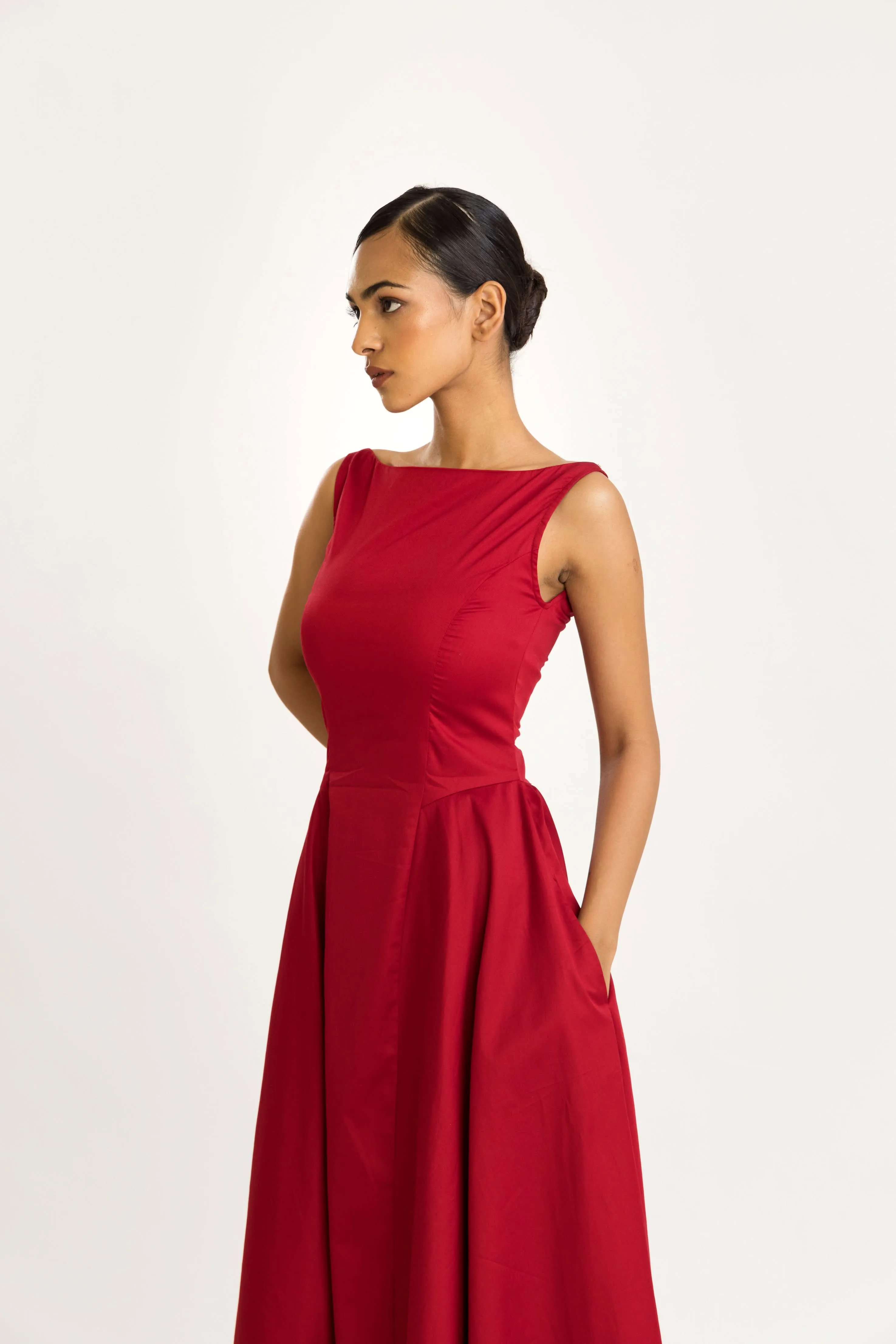 RED SATIN MIDI DRESS