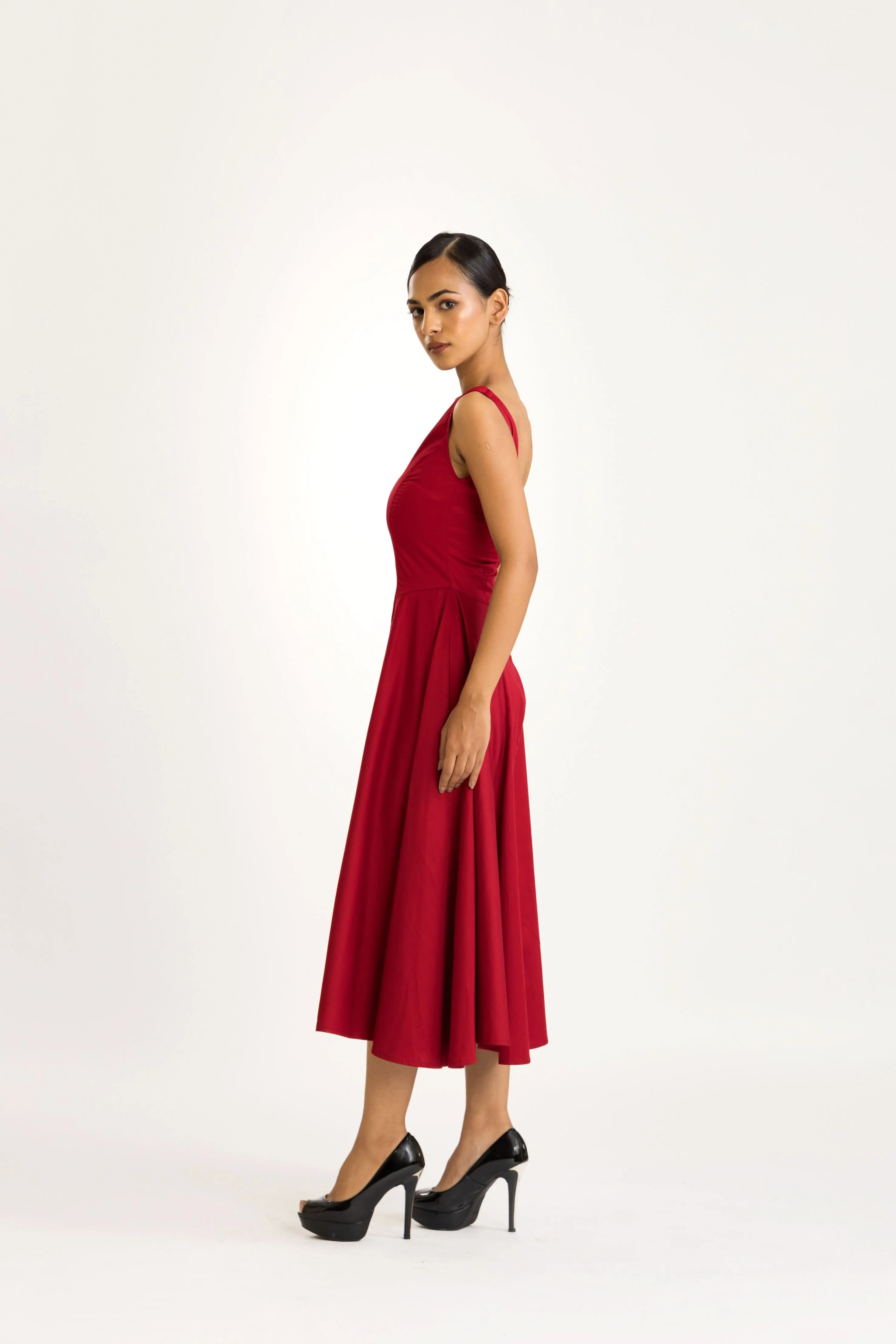 RED SATIN MIDI DRESS
