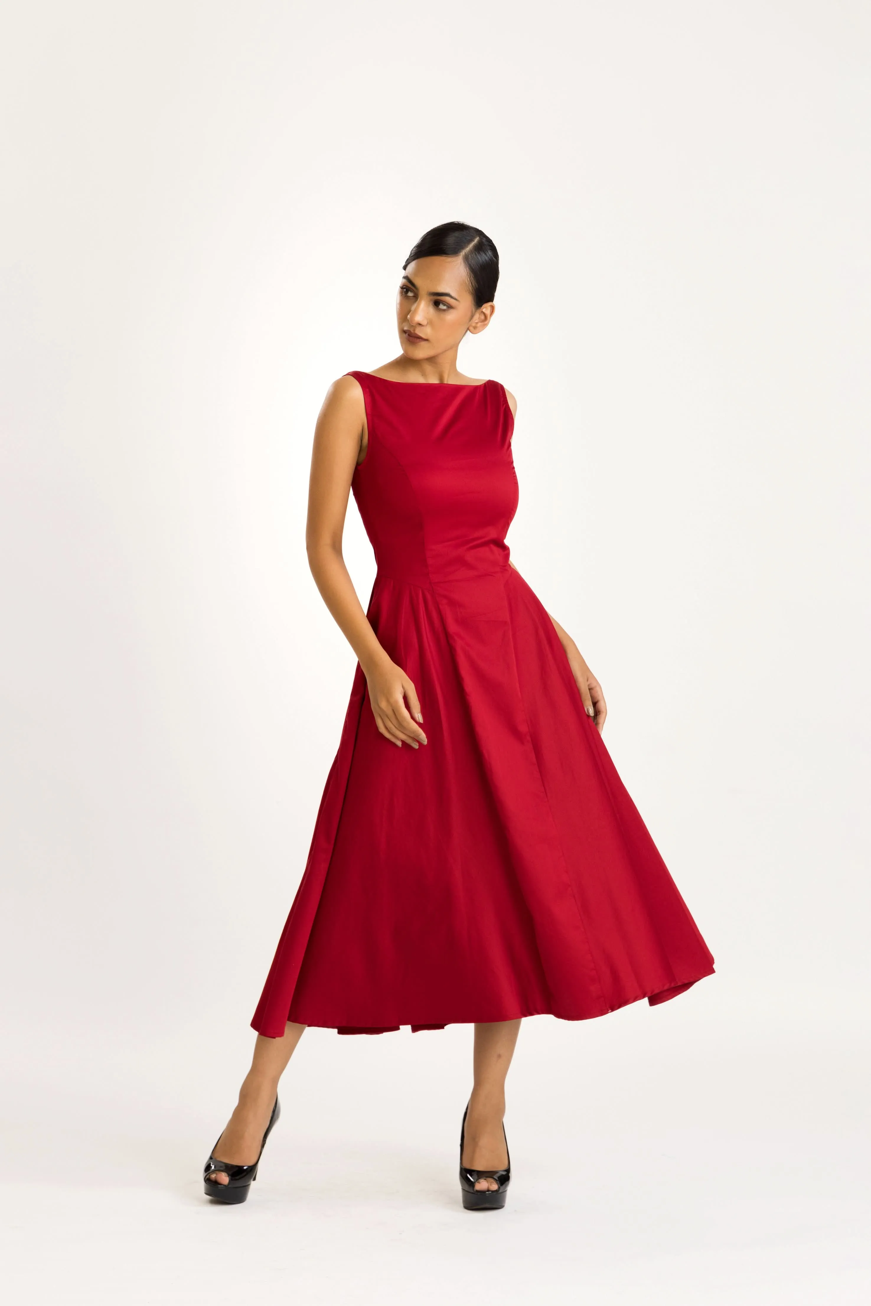 RED SATIN MIDI DRESS