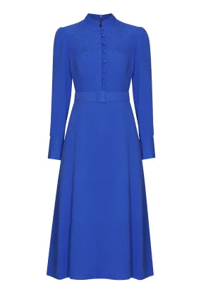 Silk/Wool Plain Cloqué Dress in Royal Blue - Cleo